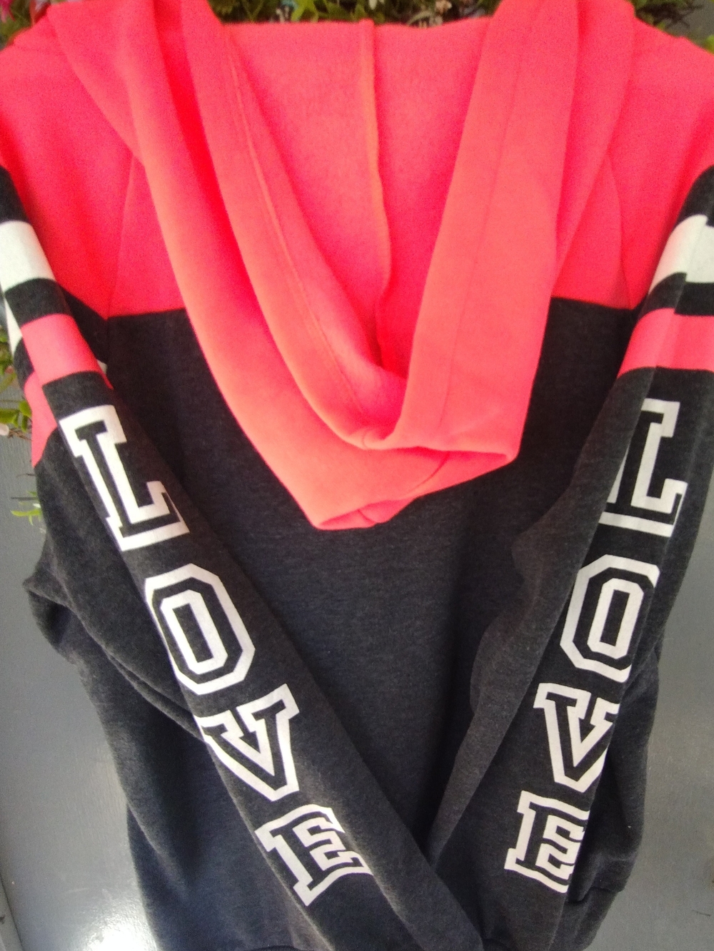 Lace-Up Hoodie with Coral Yoke and Dark Gray Body - Picture 4 of 4